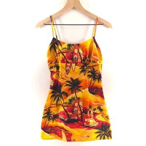 Royal Creations Women Sundress S Orange Hawaiian Tropical Surfboard Sunset Mini